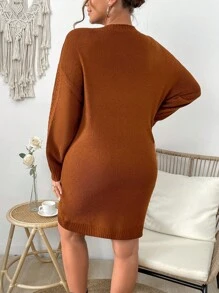 SHEIN LUNE Vestido Tipo Suéter Casual Con Hombros Caídos Y Color Sólido De Talla Grande - Óxido marrón - Ver 2