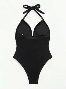 SHEIN Swim Quý cô Textured Áo tắm một mảnh Với Kim loại Clasp Lễ hội hóa trang - màu đen - Xem 5