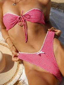 Swim Mod Summer Beach Women's Wavy Check Pattern Lace Trim Bandeau Bikini Set Valentine - Pink - View 1