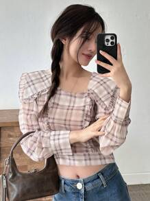 DAZY 女款格紋長袖襯衫校園風 - 藕粉色 - 查看 1
