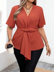 SHEIN Unity Plus Size Women's Asymmetrical Hem Solid Color Shirt For New Year Clothes Peplum Top - Red - View 5