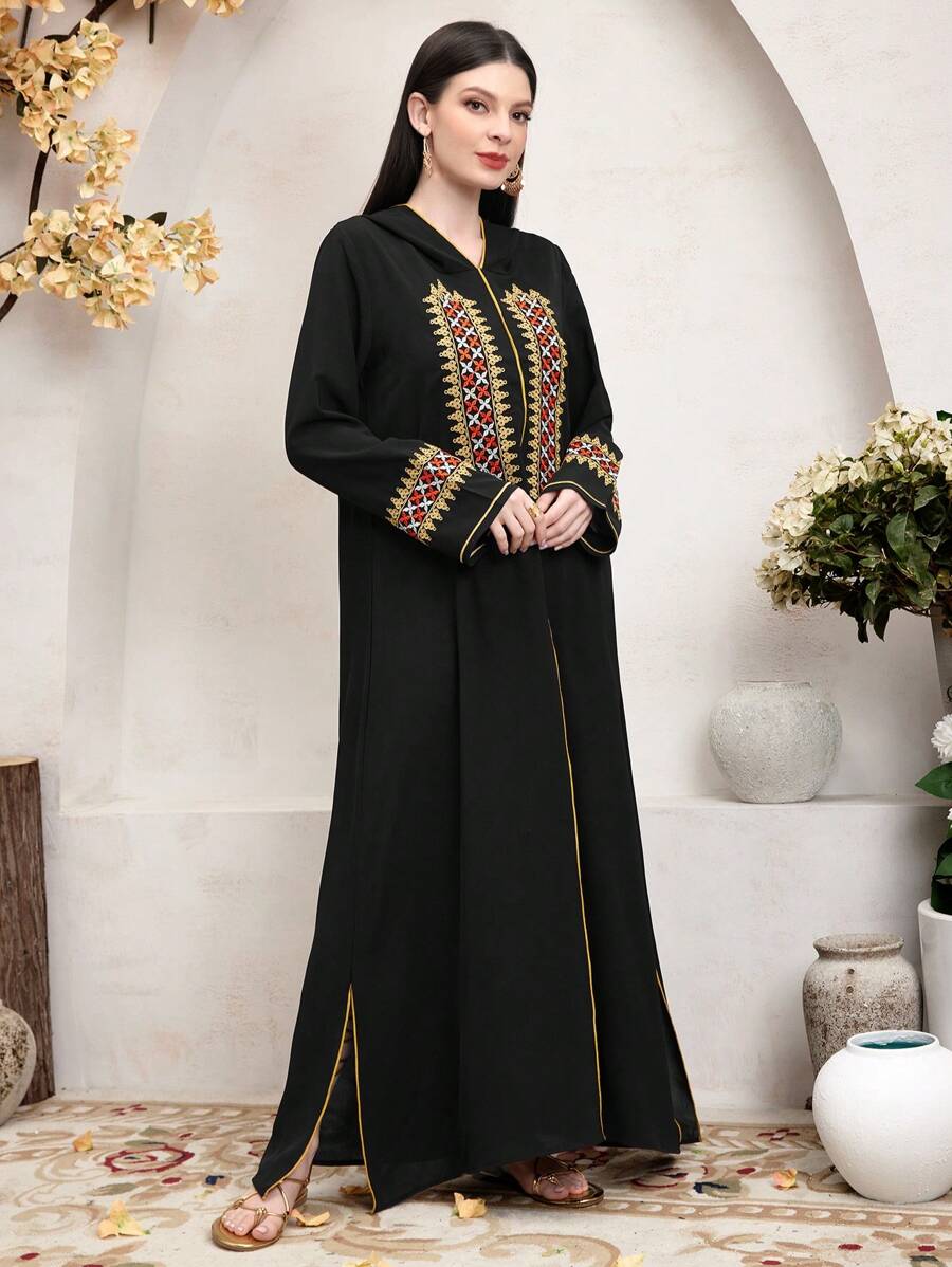 Al Najma Women's Embroidered Patchwork Hooded Dress - Black - View 1