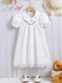 SHEIN 2pcs/Set Young Girls' Embroidered Collar & Puff Sleeve & Bowknot Decor A-Line Dress For Party, Summer