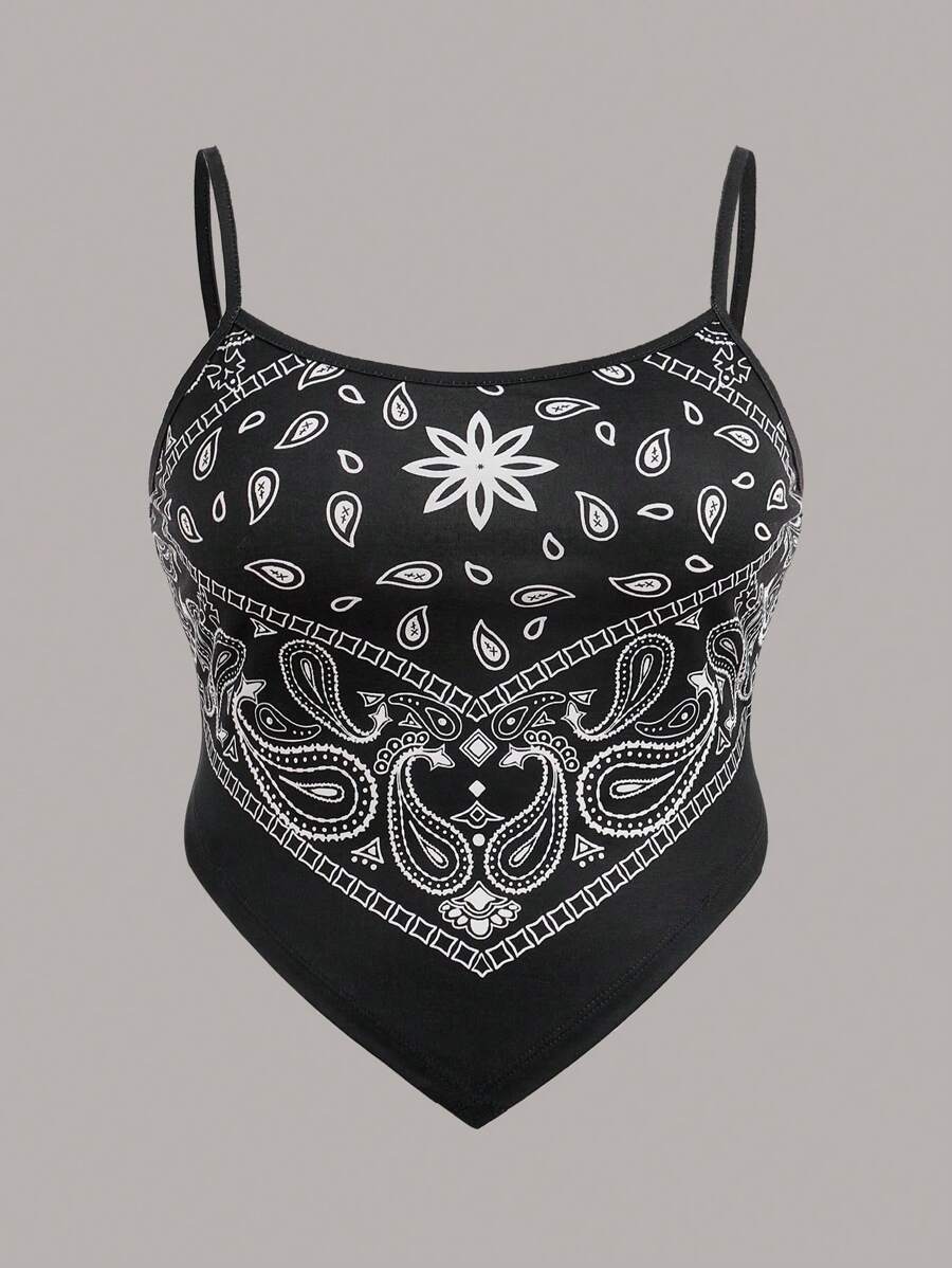 Damen Große Größen Trägertop mit Cashew Blumen Aufdruck, Schwarz, Sommer