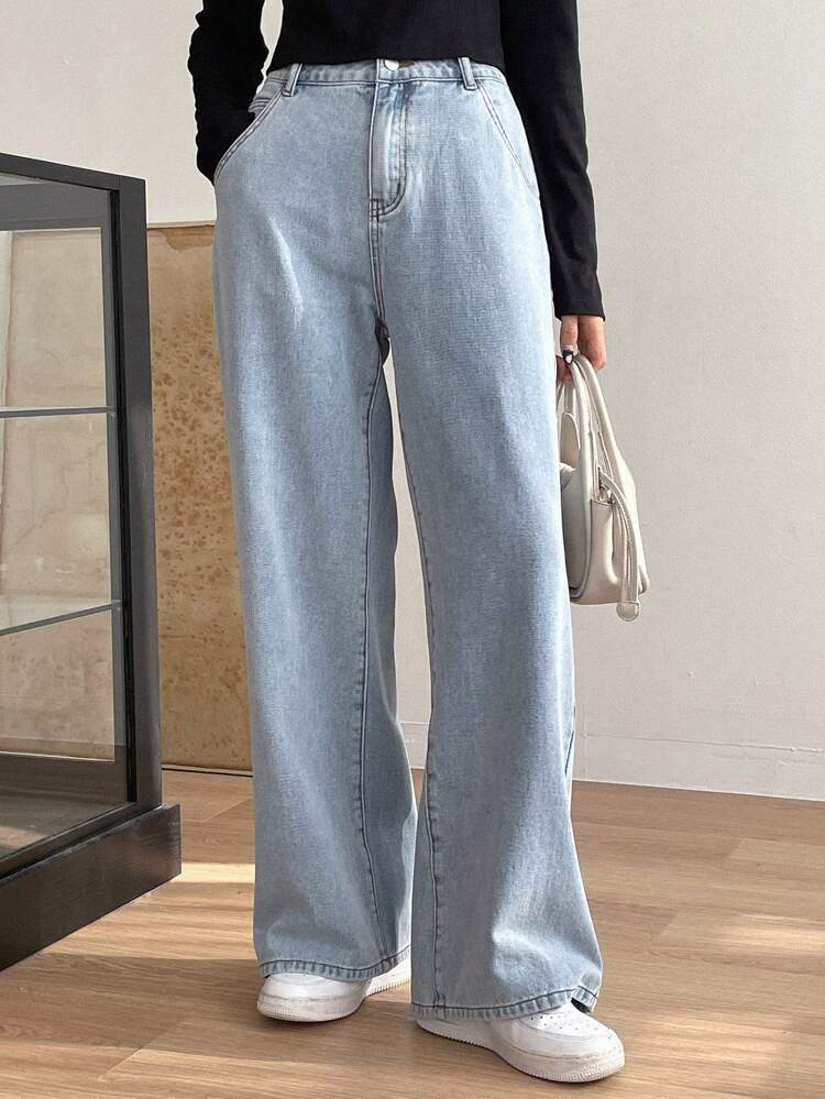 Solid Color Denim Pants With Slanted Pockets Women Jeans