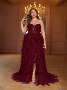 Faeriesty Plus Contrast Lace Split Thigh Mesh Tube Formal Dress - Burgundy - View 6