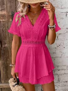 Breezaya Solid Color Lace Patchwork Romper - Hot Pink - View 5