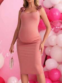 SHEIN 孕婦優雅浪漫派對緊身無袖裙,帶有3d花卉裝飾 - 粉色 - 查看 5