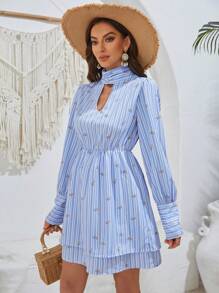 Aveloria Striped Little Floral Printed Stand Collar Hollow Out Long Sleeve Dress