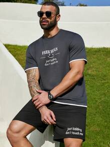 Manfinity Homme Men's Plus Size 2pcs/Set Short Sleeve T-Shirt And Shorts With Two Slogans And Face Design