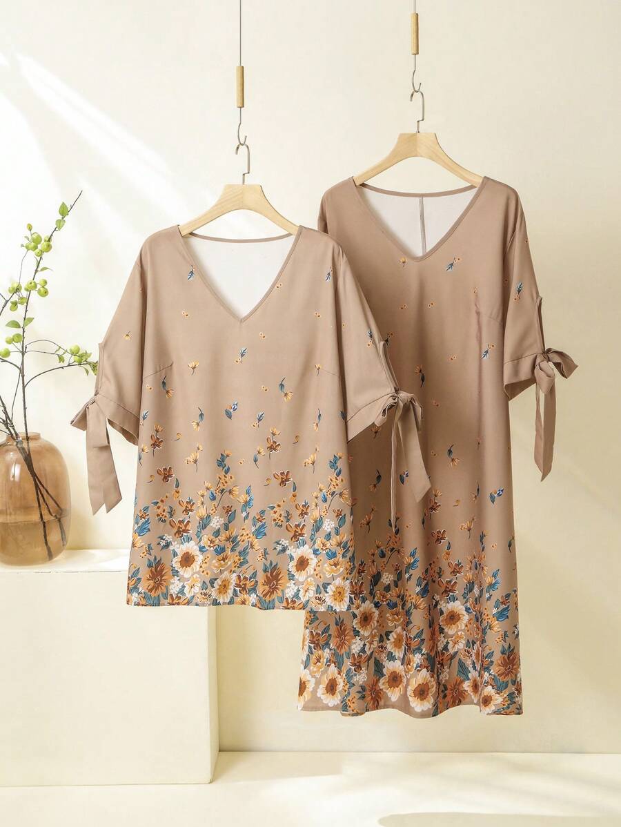 Plus Size V-Neck Knot Cuff Blouse