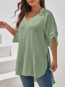 SHEIN VCAY Plus Size Women's Asymmetric Hem Blouse With Raglan Sleeve