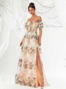 Elegant Off-Shoulder Printed Mesh Evening Gown Dress For Women