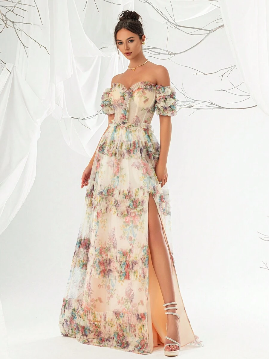Elegant Off-Shoulder Printed Mesh Evening Gown Dress For Women
