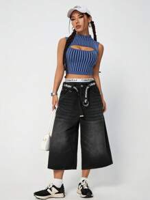SHEIN EZwear Striped Knit Pullover With Stand Collar And Cut-Out Detail On Front - Blue - View 5