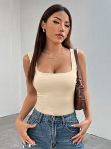 SHEIN EZwear Solid Color Sleeveless Bodysuit - Apricot - View 5
