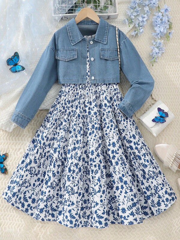 SHEIN Tween Girl Denim Jacket & Floral Dress Set
