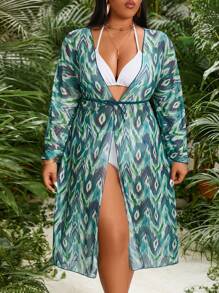 SHEIN VCAY 大尺碼女性幾何圖案長袖和服外套 - 綠色 - 查看 5