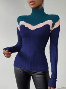 Chiquease Women's Slim Fit High Neck Color Block Sweater, Knit Pullover Fall Winter - Blue - View 3