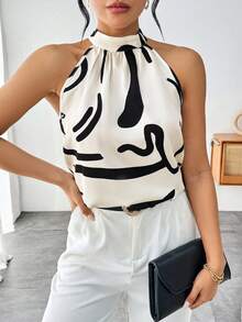 SHEIN Privé Blusa Con Cuello Halter Estampado De Patrón Para Mujer - Multicolor - Ver 5