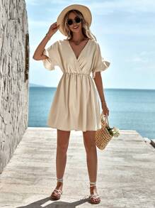 EURMUSE Solid Flounce Sleeve A-line Dress - Beige - View 3