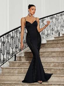 SHEIN Belle Elegancka sukienka na ramiączkach typu spaghetti, haftowana koronka, przezroczysta aplikacja, wąska randka, damska suknia wieczorowa typu fishtail (wersja premium)