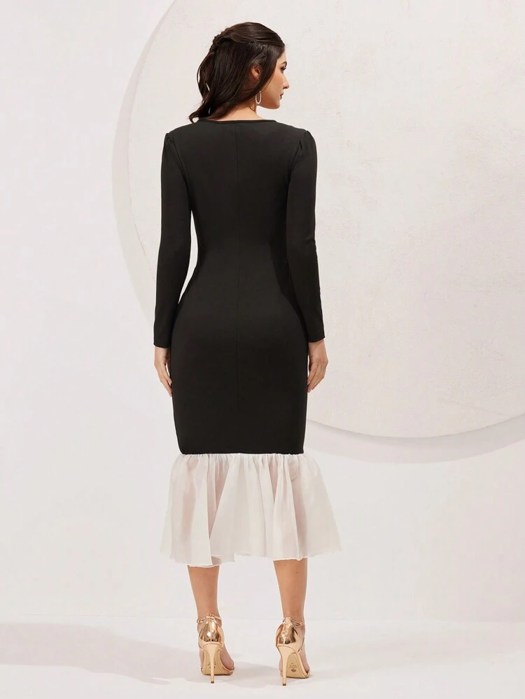 Bead Tassel Decorated Square Neckline Dress With Ruffle Hem Long Evening Dresses