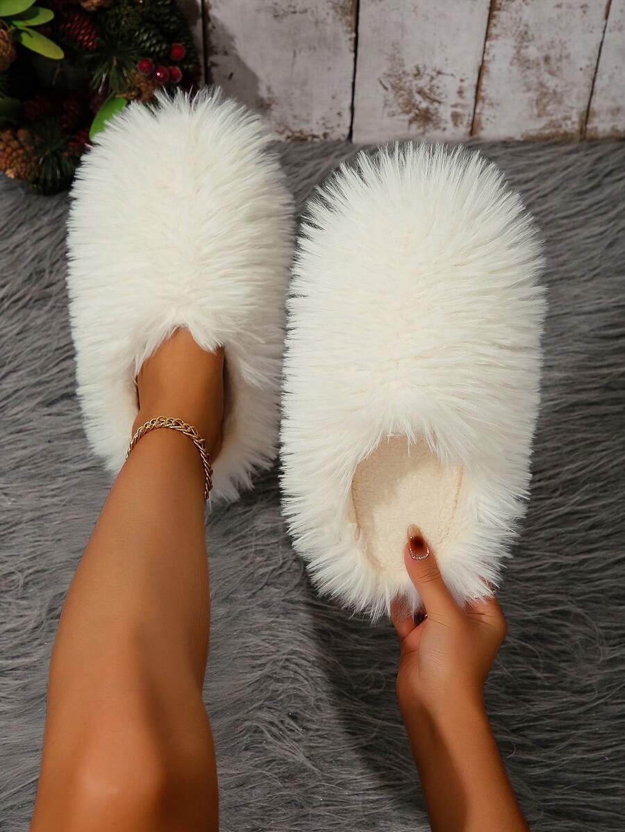 Zapatillas de casa de piel larga y esponjosa de peso ligero, cómodas y de moda para mujer en otoño/invierno, en blanco, naranja y rosa rojo, para usar en interiores y dormitorio con suela silenciosa