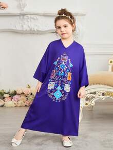 SHEIN Young Girl's Loose Fit V-Neck Batwing Sleeve Printed Dress For Summer - Blue - View 4