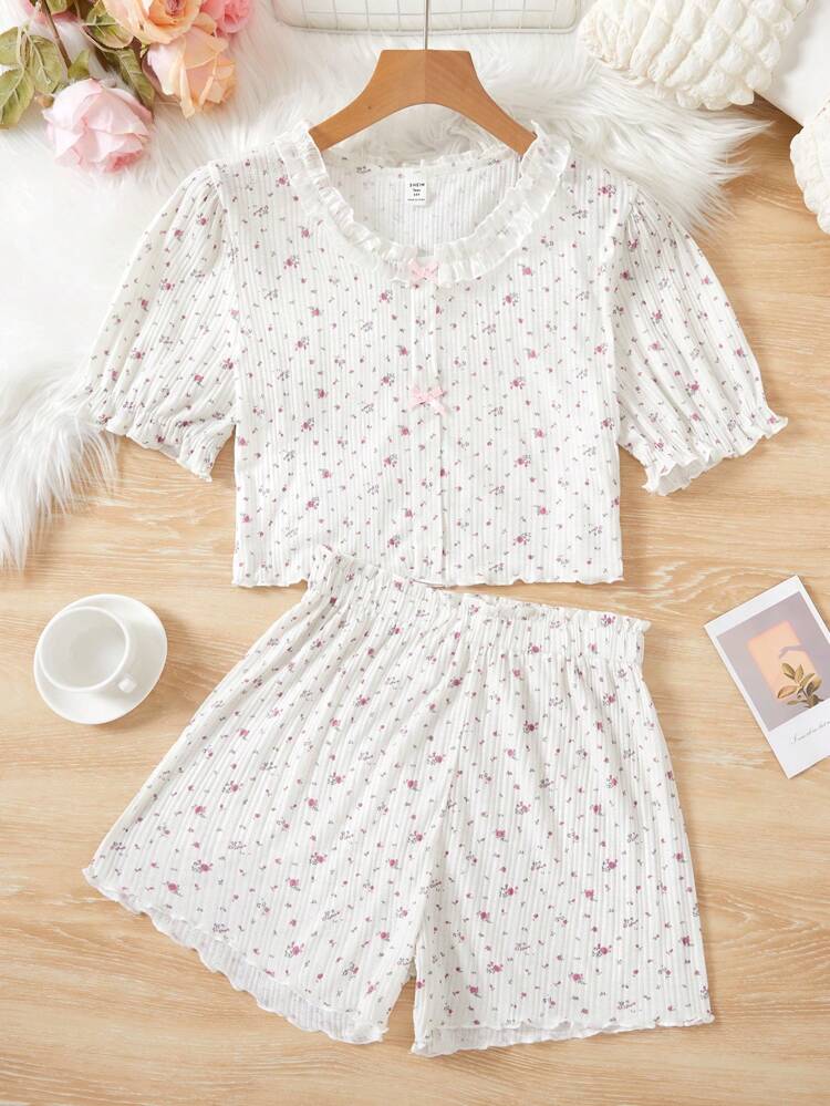 Teenage Girls' Lovely Floral Print Lace Trimmed Shorts And Short Sleeve Top With Bow Decoration, Comfortable Homewear Set
