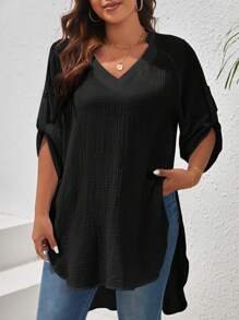SHEIN VCAY Women's Plus Size Crepe Roll Sleeve Summer Shirt