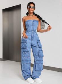 SHEIN ICON Women's Cargo Denim Jumpsuit With Pinafore - Blue - View 4