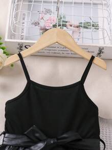 SHEIN Young Girl Pu Patchwork Spaghetti Strap Dress - Black - View 6