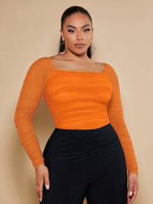SHEIN BAE Kích thước lớn Của phụ nữ Xếp li Lưới Tay áo dài Áo - trái cam - Xem 1
