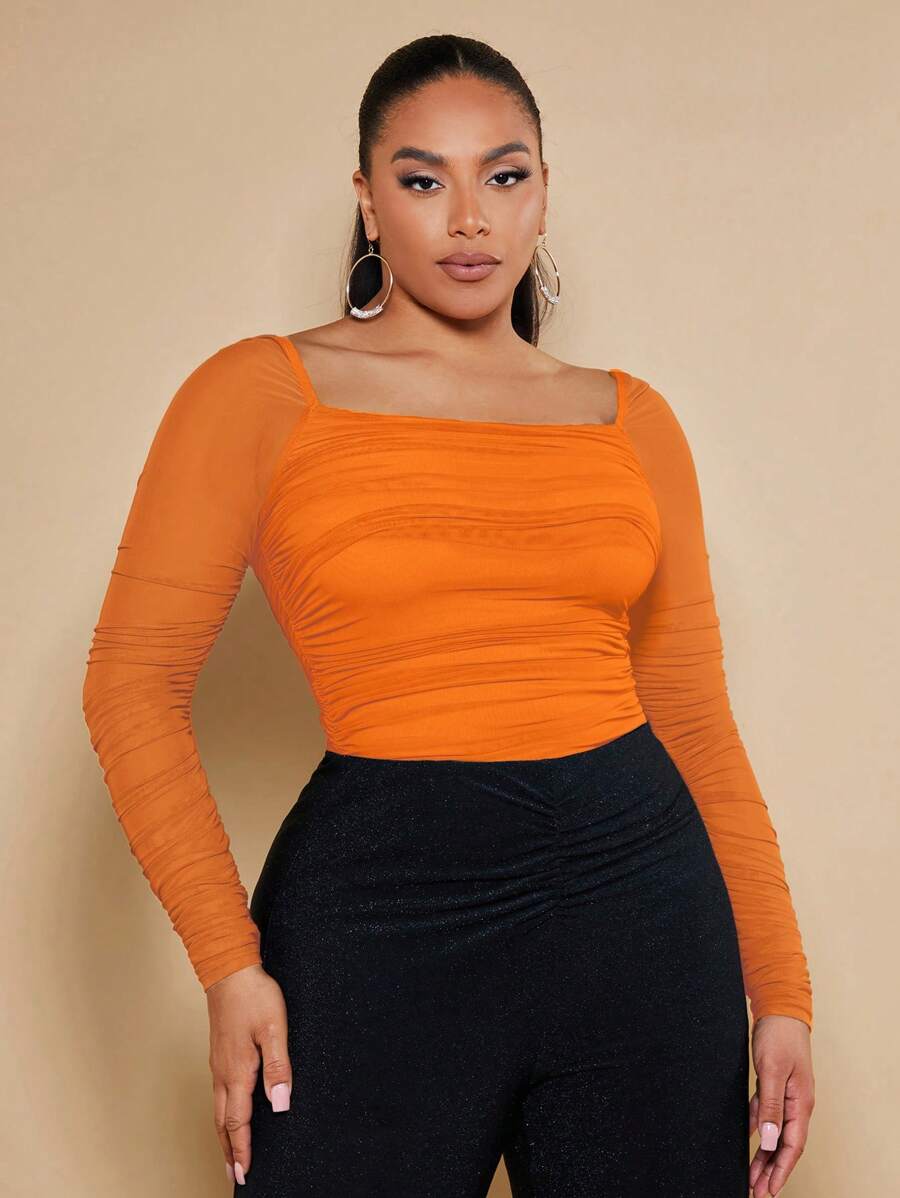 SHEIN BAE Kích thước lớn Của phụ nữ Xếp li Lưới Tay áo dài Áo - trái cam - Xem 1