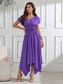 Modelyn Ladies' Short Sleeve Pleated Waist A-Line Dress Long Evening Dresses - Purple - View 7