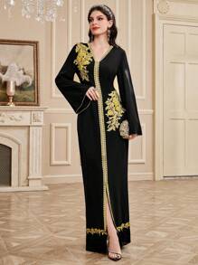 Al Najma Women's V-Neck Bell Sleeve Fringed Hem Jalabiya Dress, Elegant Evening Party Dress - Black - View 7