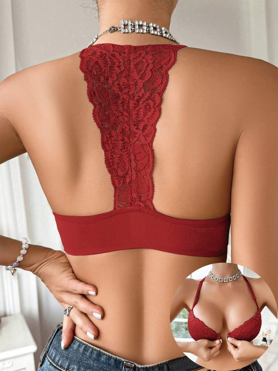 Lace Front Closure Underwire Bra For Women Lingerie - Red - View 1