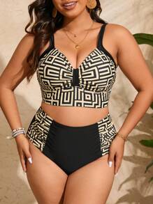 SHEIN Swim Curve Summer Beach Plus Size Geometric Print Bra And Swim Trunks/Bikini Set - Multicolor - View 4