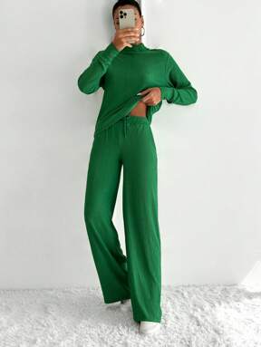 2 Stück/set Einfarbiges Langärmeliges Oberteil Mit Hohem Kragen & Hose Mit Geradem Schnitt Und Kordelzug, Lässige Kleidung