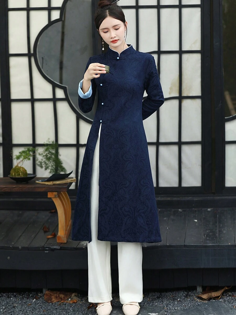 改良版漢服風旗袍上衣 - 女性旗袍茶袍 - 新風禪意服裝 - 中式旗袍（不包含褲子） - 藍色 - 查看 1