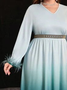 Modelyn 大码女式渐变袖口拼接毛绒连衣裙长款晚礼服 - 彩色 - 查看 5