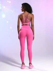 Easithlete Women's Cut Out Crop Top And Pants Fitness Set - Hot Pink - View 6