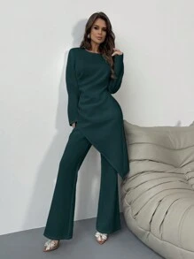 Aloruh Damen Set aus asymmetrischem Saum Top Einfarbig und weiten Hosen - Grün - Übersicht 4