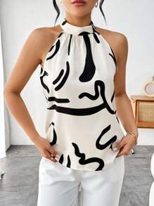 SHEIN Privé Blusa Con Cuello Halter Estampado De Patrón Para Mujer - Multicolor - Ver 1