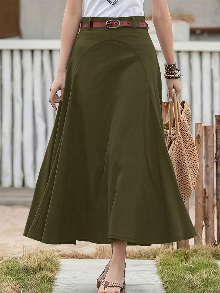 Flirla Plus Size Solid Color Skirt With Umbrella Hem Women Skirt - Green - View 1