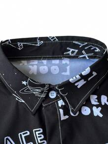 ROMWE MEN Street Life Men's Alien Printed Short Sleeve Shirt, Suitable For Daily Wear In Spring And Summer - Black - View 5