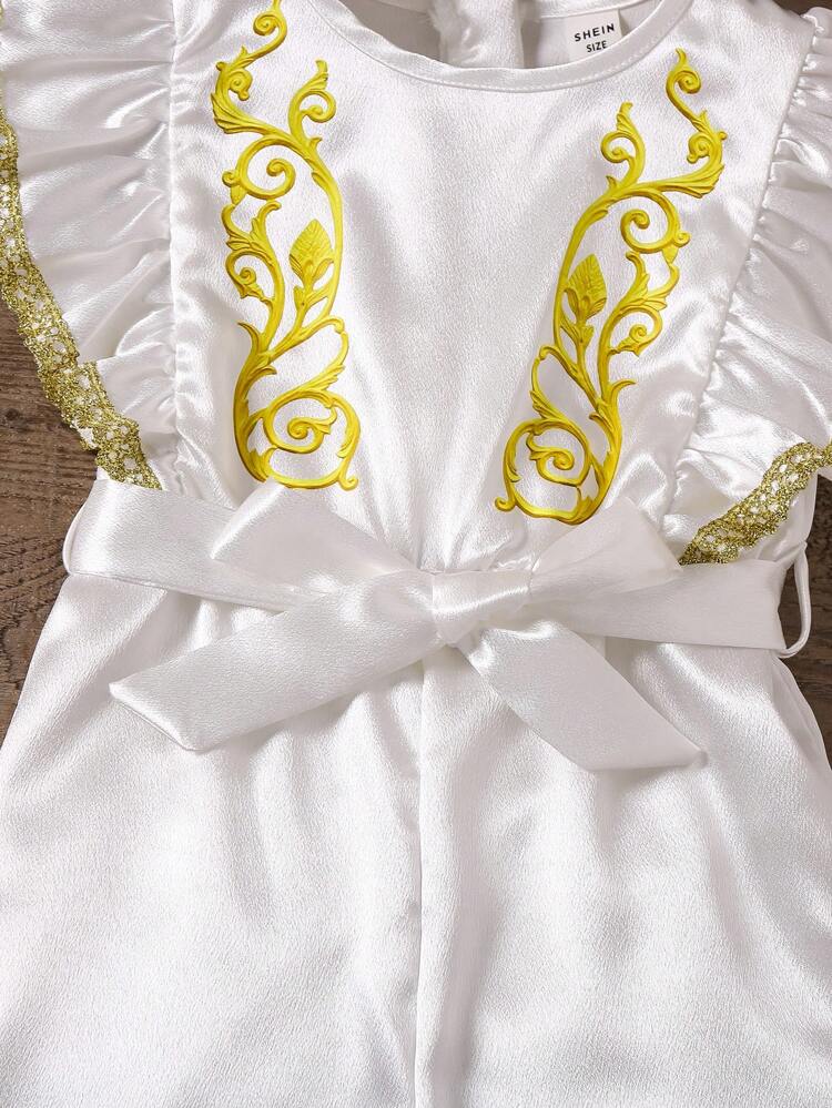 Young Girls' Gold Lace Round Neck Jumpsuit