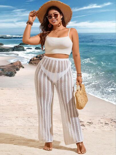 Flirla Pantalones De Punto Para Mujeres De Talla Grande En Estilo De Playa Con Huecos