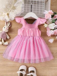 SHEIN Vestido de verano para bebé niña con empalmes de malla en contraste con diseño de conejito de Pascua - Rosa - Ver 2